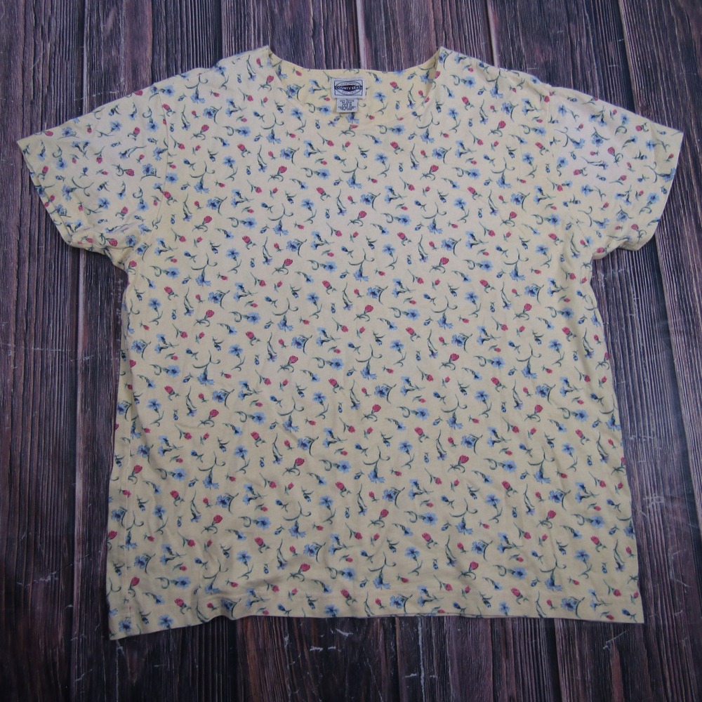 County Seat T-Shirt Women Large Yellow Floral Vintage Granny Cotton Short Sleeve
